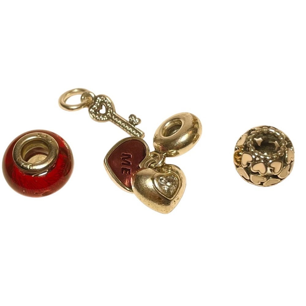 Pandora Jewelry 4 Charms Marked ALE 925. Hearts, Rhinestone Key, Red Ron…